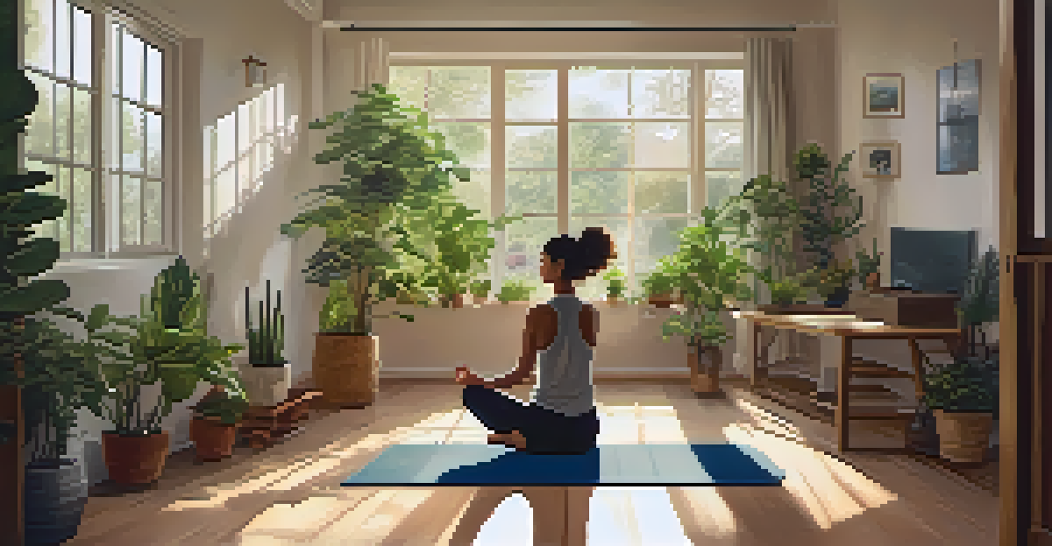 A person practicing yoga in a sunlit room filled with plants and cushions, conveying tranquility and mindfulness.