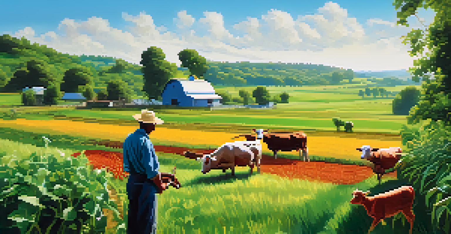 A farmer inspecting livestock in a green field, highlighting the agricultural aspect of antimicrobial resistance.