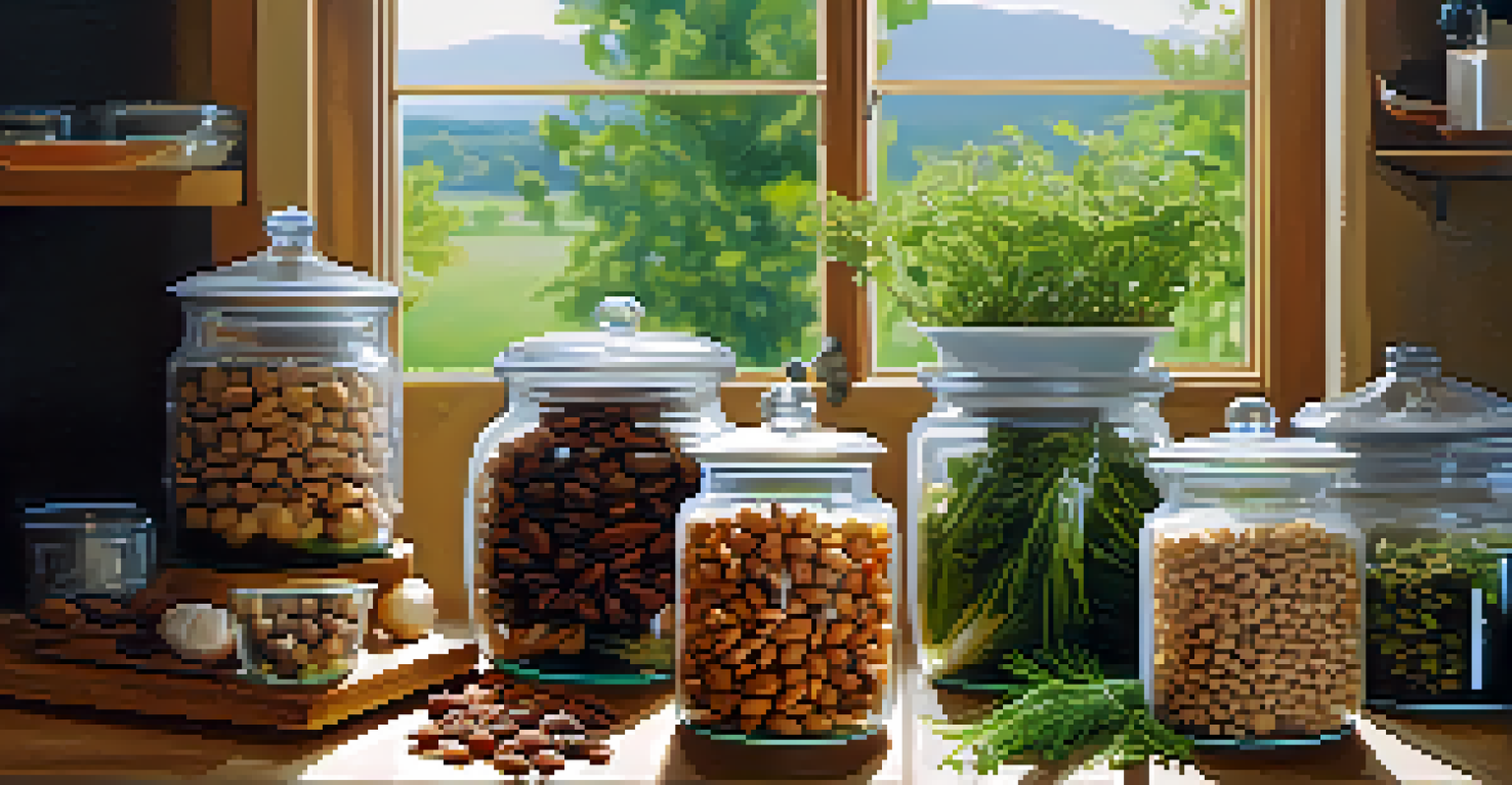 A kitchen countertop with jars of nuts and seeds, surrounded by fresh herbs and vegetables, illuminated by soft natural light.