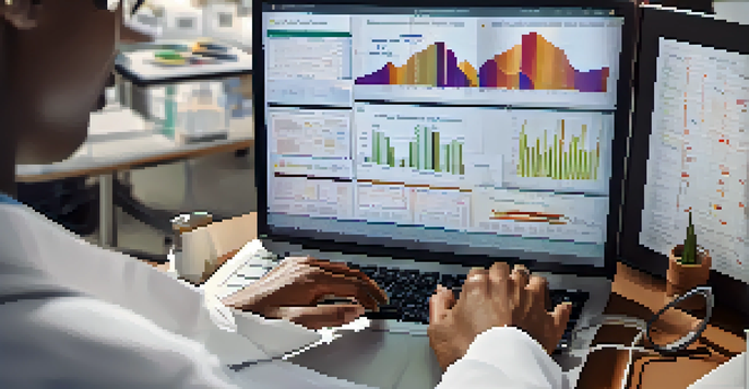 A healthcare professional examining medical data on a laptop in a well-lit office, with charts and graphs related to disease incidence visible.