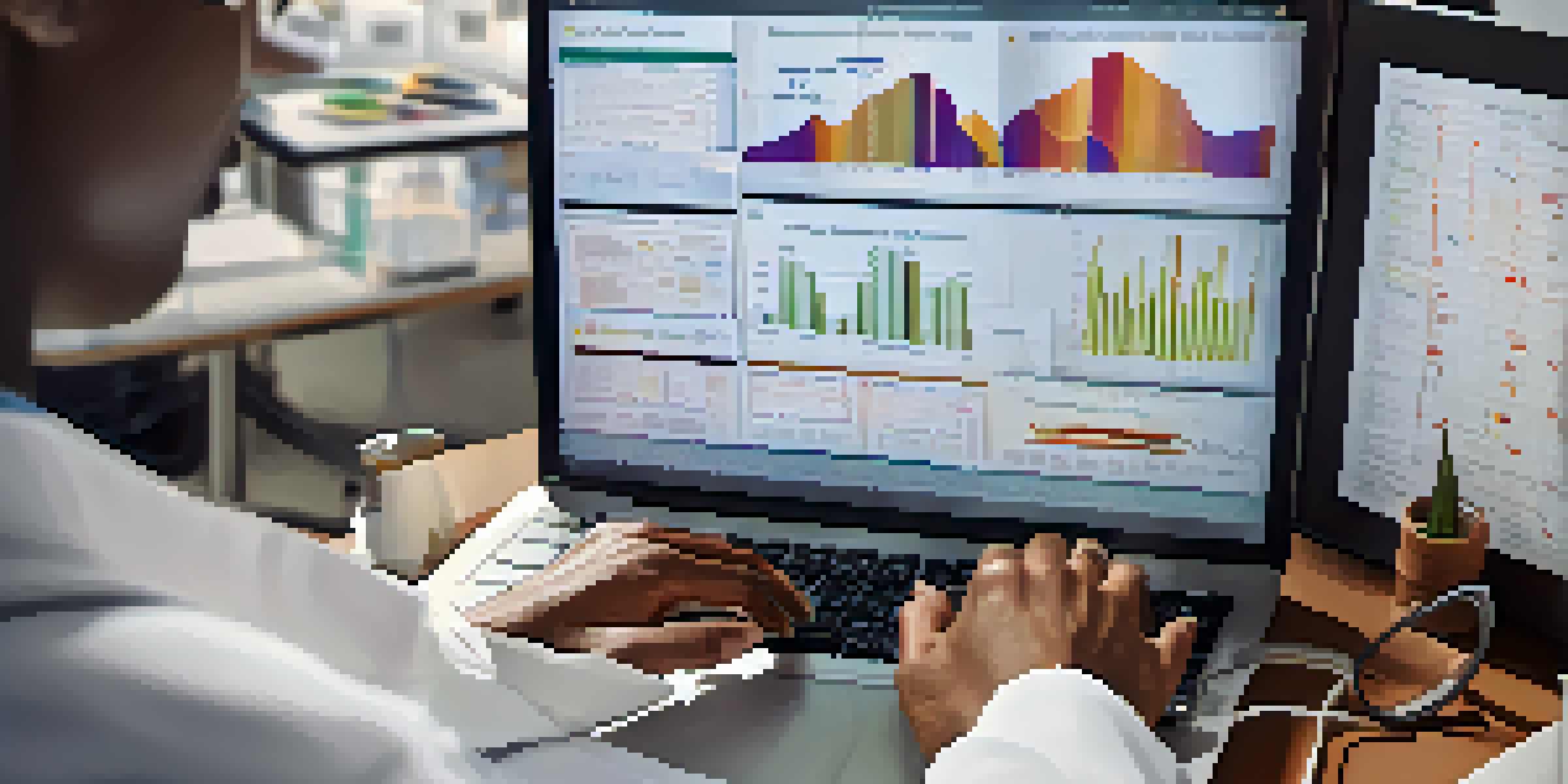 A healthcare professional examining medical data on a laptop in a well-lit office, with charts and graphs related to disease incidence visible.