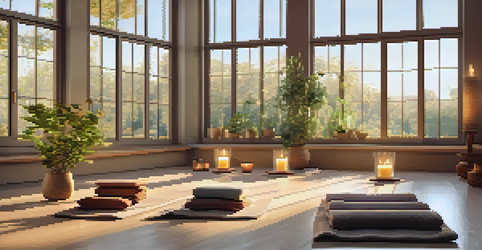 A cozy yoga space with mats, candles, and diffusers, illuminated by warm light and overlooking a peaceful garden.