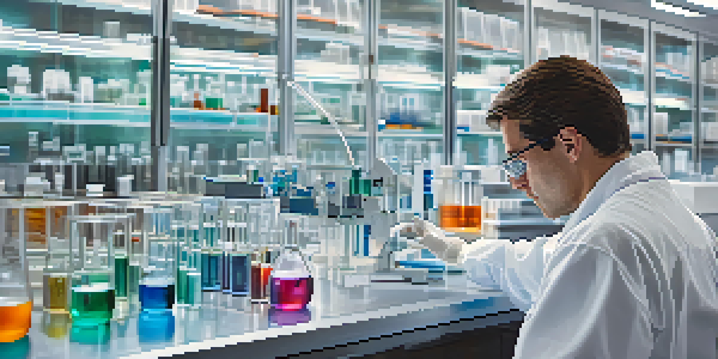 A scientist in a lab working with CRISPR-Cas9 equipment, surrounded by glassware and colorful chemical solutions.