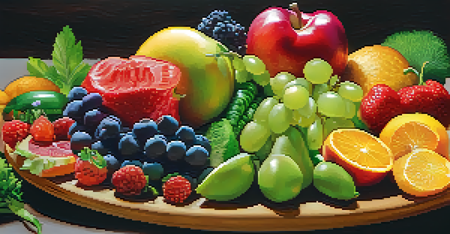 A vibrant plate of healthy food including fruits, vegetables, whole grains, and lean proteins, displayed beautifully.