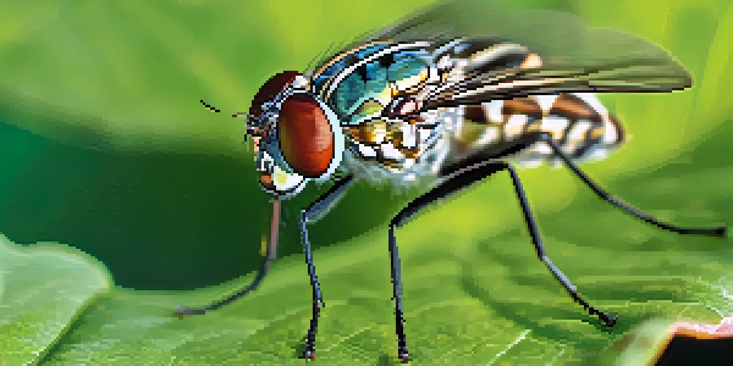 A detailed close-up of a tsetse fly on a green leaf, highlighting its wings and the play of light through surrounding leaves.