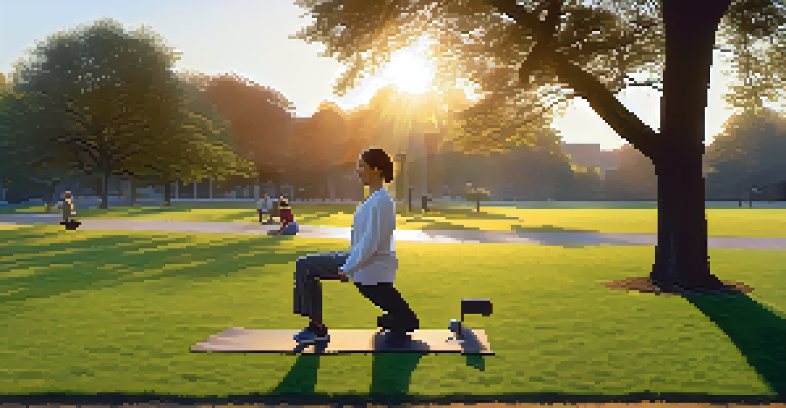 A patient practicing balance exercises outdoors in a park, guided by a therapist, with a beautiful sunset in the background.