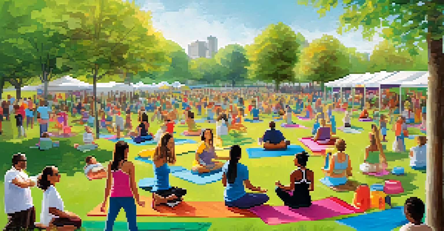 A community health event in a park with people participating in wellness activities and enjoying a lively atmosphere.