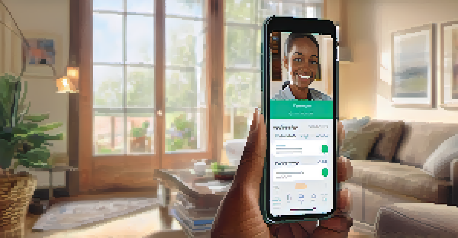 A person using a mobile health app on their smartphone in a cozy living room, displaying health metrics.