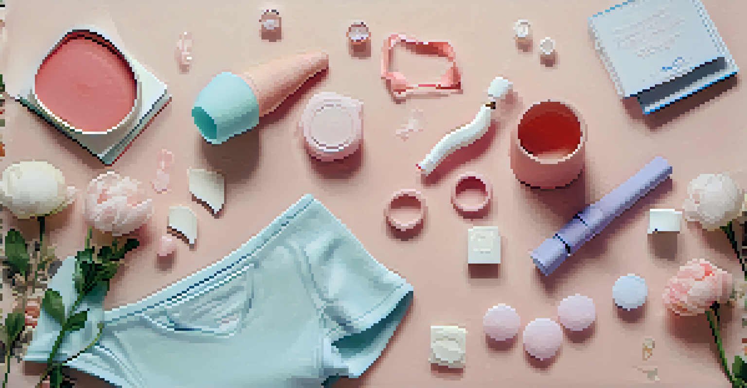 A flat lay arrangement of menstrual products such as menstrual cups, pads, and period underwear on a pastel fabric with flowers and a notebook.