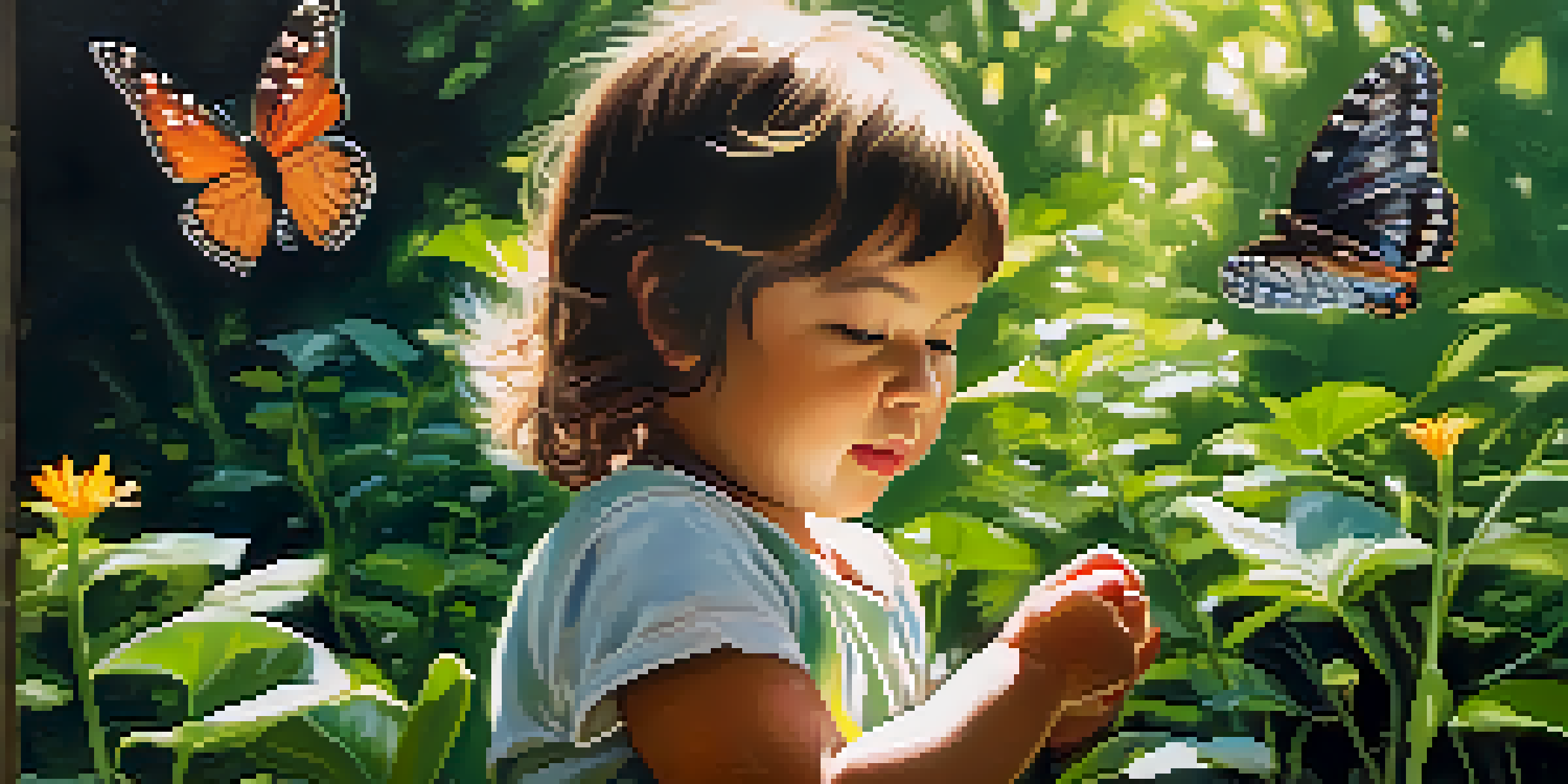 A young child playing in a vibrant green park filled with flowers and butterflies, with soft sunlight shining through the trees.