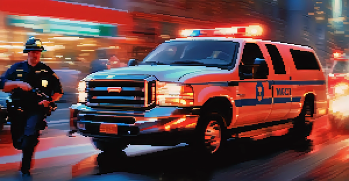 Emergency medical responders rushing to a car accident scene, illuminated by red and blue emergency lights, with a blurred background to emphasize urgency.