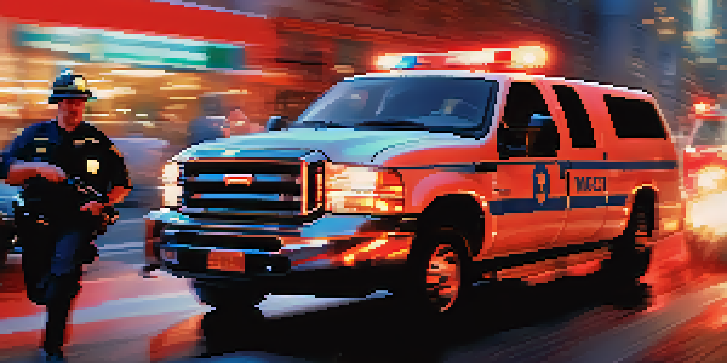 Emergency medical responders rushing to a car accident scene, illuminated by red and blue emergency lights, with a blurred background to emphasize urgency.