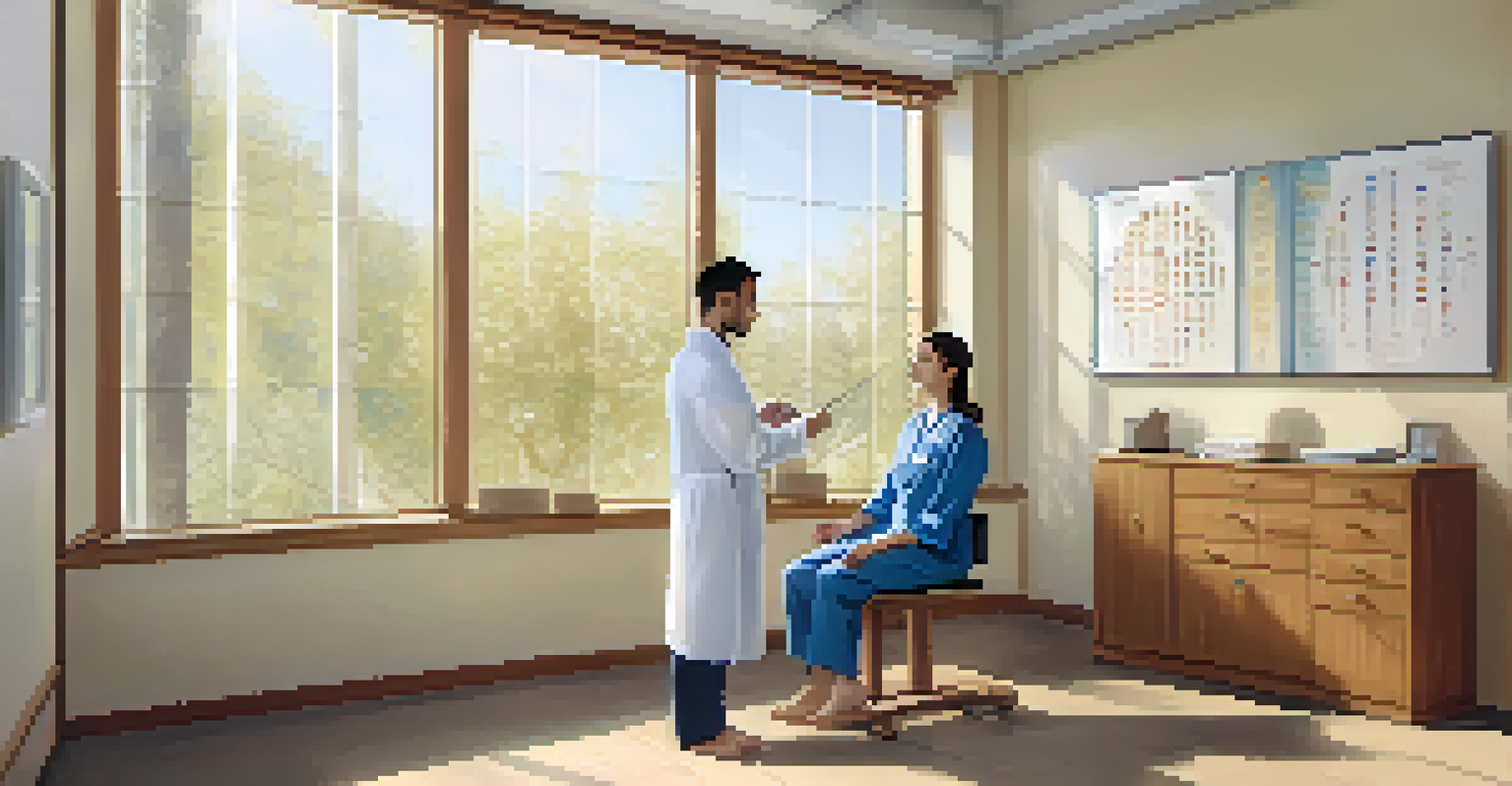 An acupuncturist discussing treatment with a patient in a bright clinic, with an anatomical chart in the background.
