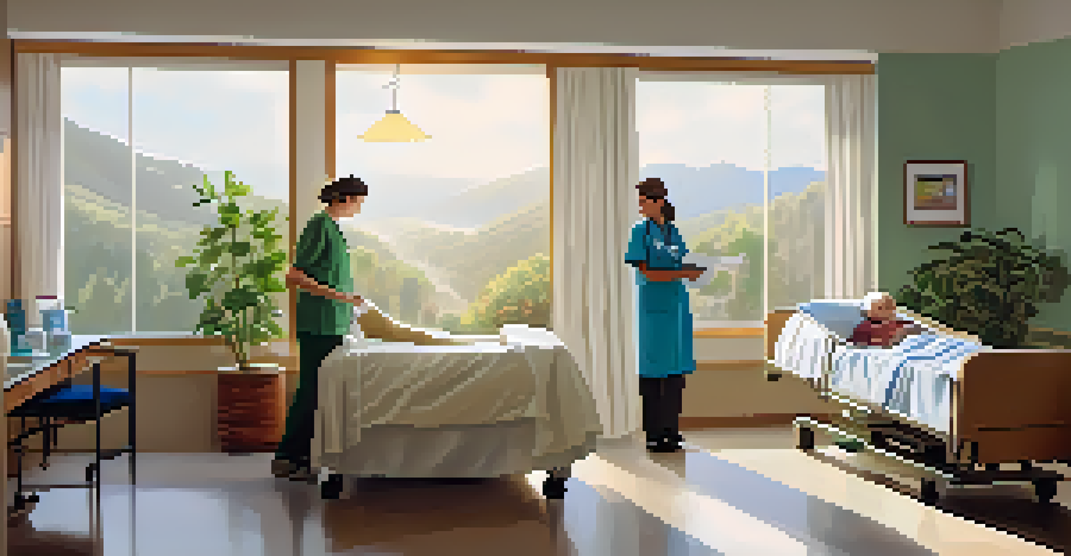 A nurse holding the hand of an elderly patient in a softly lit hospital room, decorated with plants and family photos.