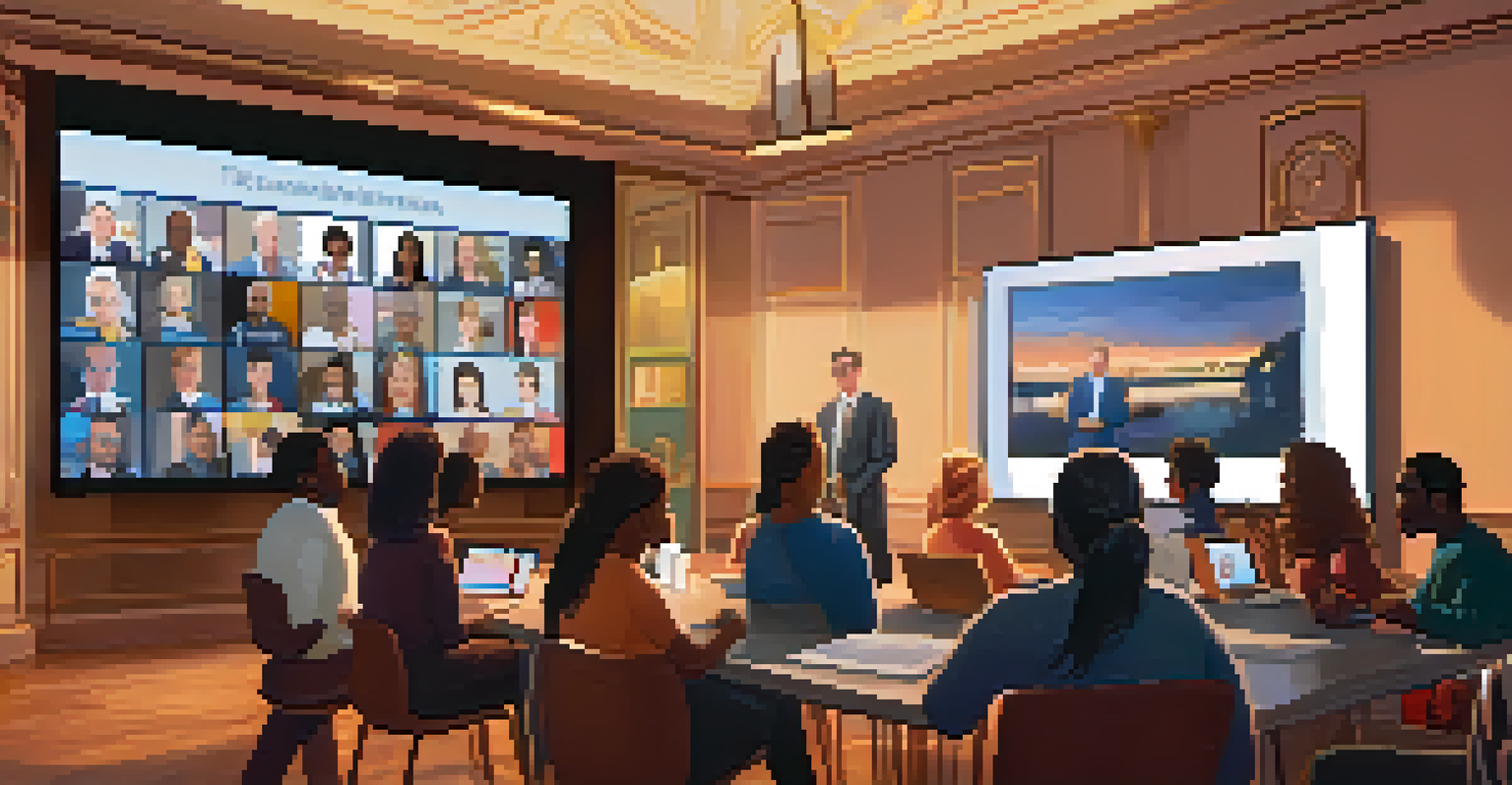 A virtual town hall meeting on public health, showing diverse participants engaged via laptops at home, with a public health official speaking on a large screen.