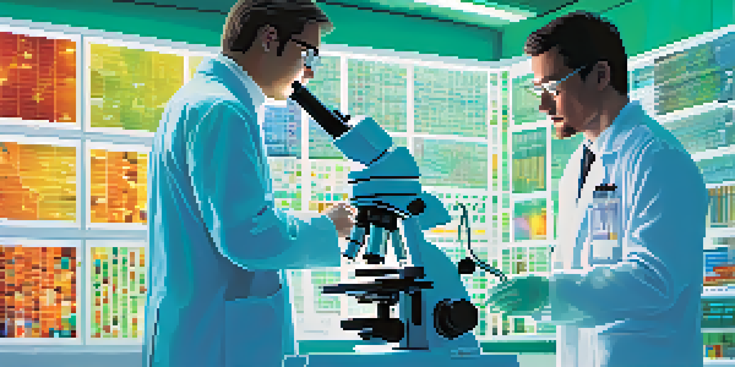 A scientist in a lab coat looking at DNA strands under a microscope in a laboratory filled with colorful genetic data charts.