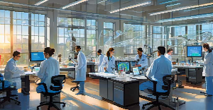 A diverse group of researchers working together in a bright laboratory, discussing data related to rare diseases.