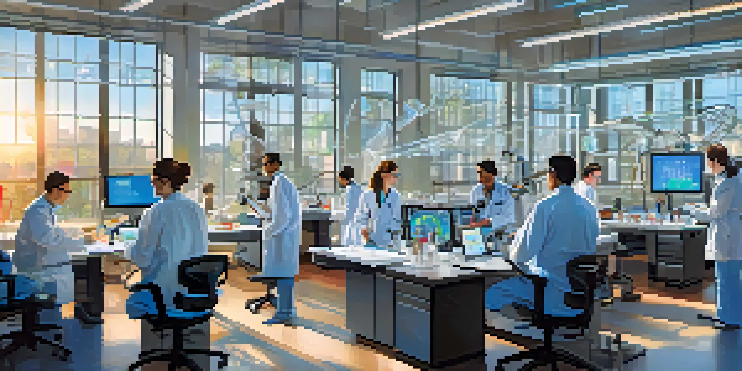 A diverse group of researchers working together in a bright laboratory, discussing data related to rare diseases.