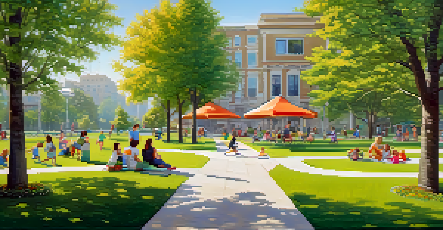 A peaceful city park with families having a picnic and children playing, surrounded by lush trees and flowers under a clear blue sky.