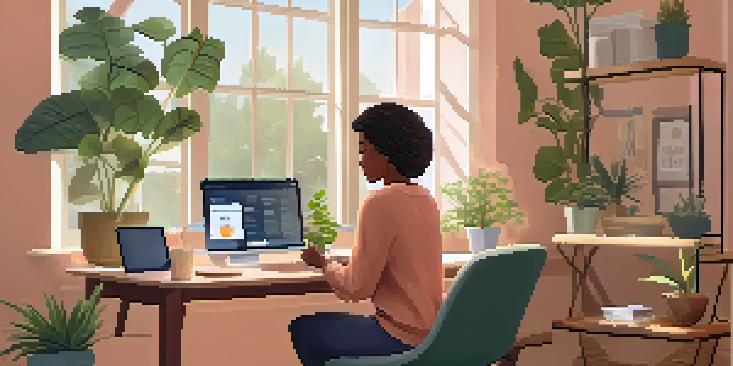 A person sitting in a home office, consulting with a doctor on a laptop, surrounded by plants and warm lighting.
