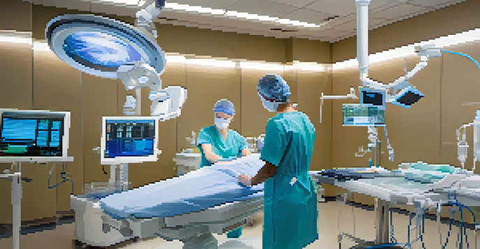 A healthcare professional practicing surgery on a medical mannequin in a bright simulation room filled with advanced technology.