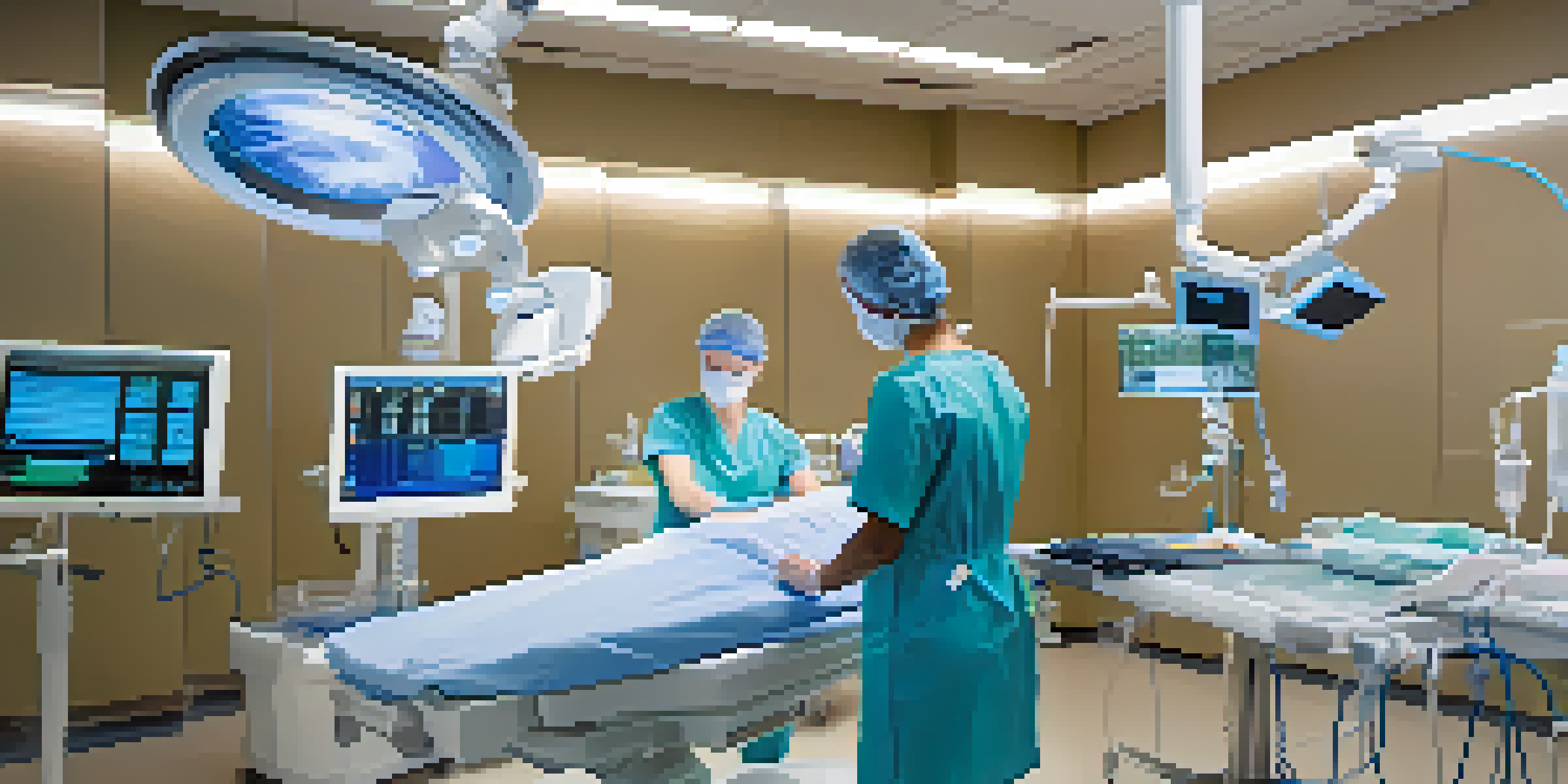 A healthcare professional practicing surgery on a medical mannequin in a bright simulation room filled with advanced technology.