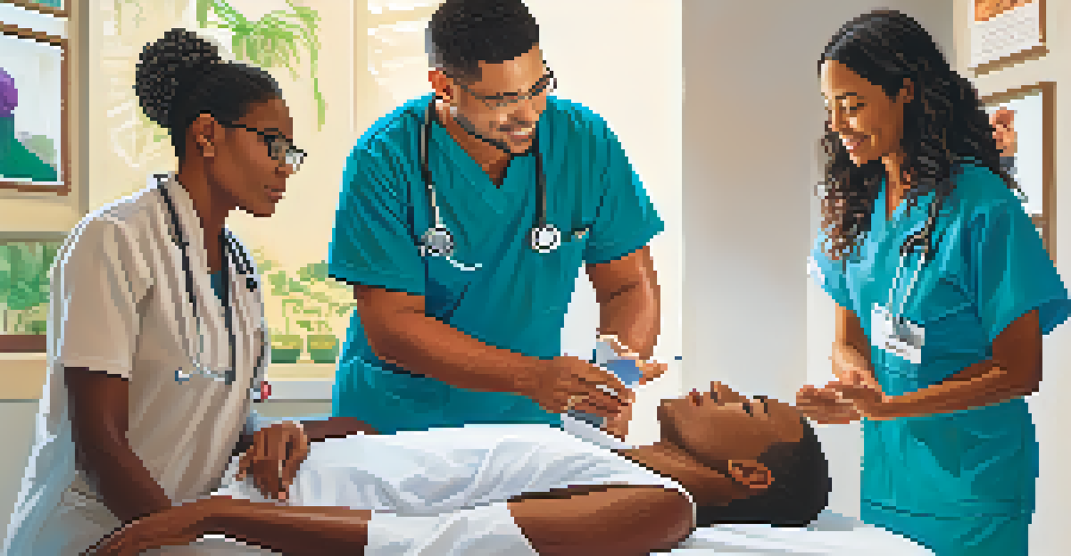 A diverse group of healthcare providers communicating with patients from various cultures, highlighting different communication styles.