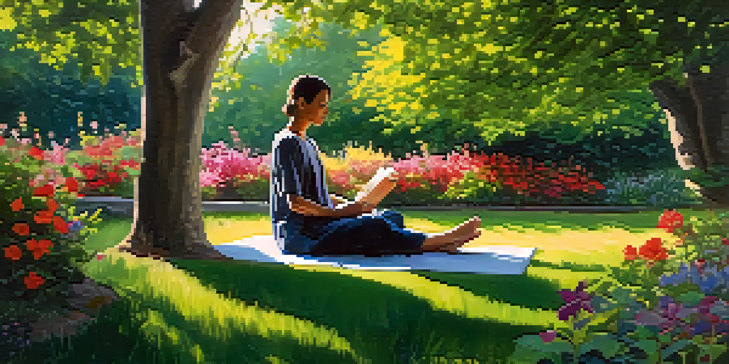A person meditating in a peaceful garden surrounded by greenery and colorful flowers.