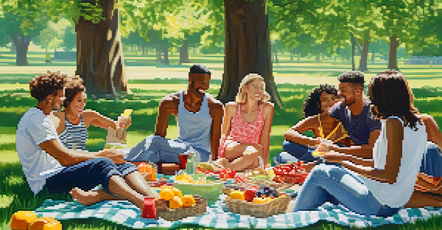A group of diverse friends enjoying a picnic in a sunny park, surrounded by flowers and trees, with a spread of healthy foods.