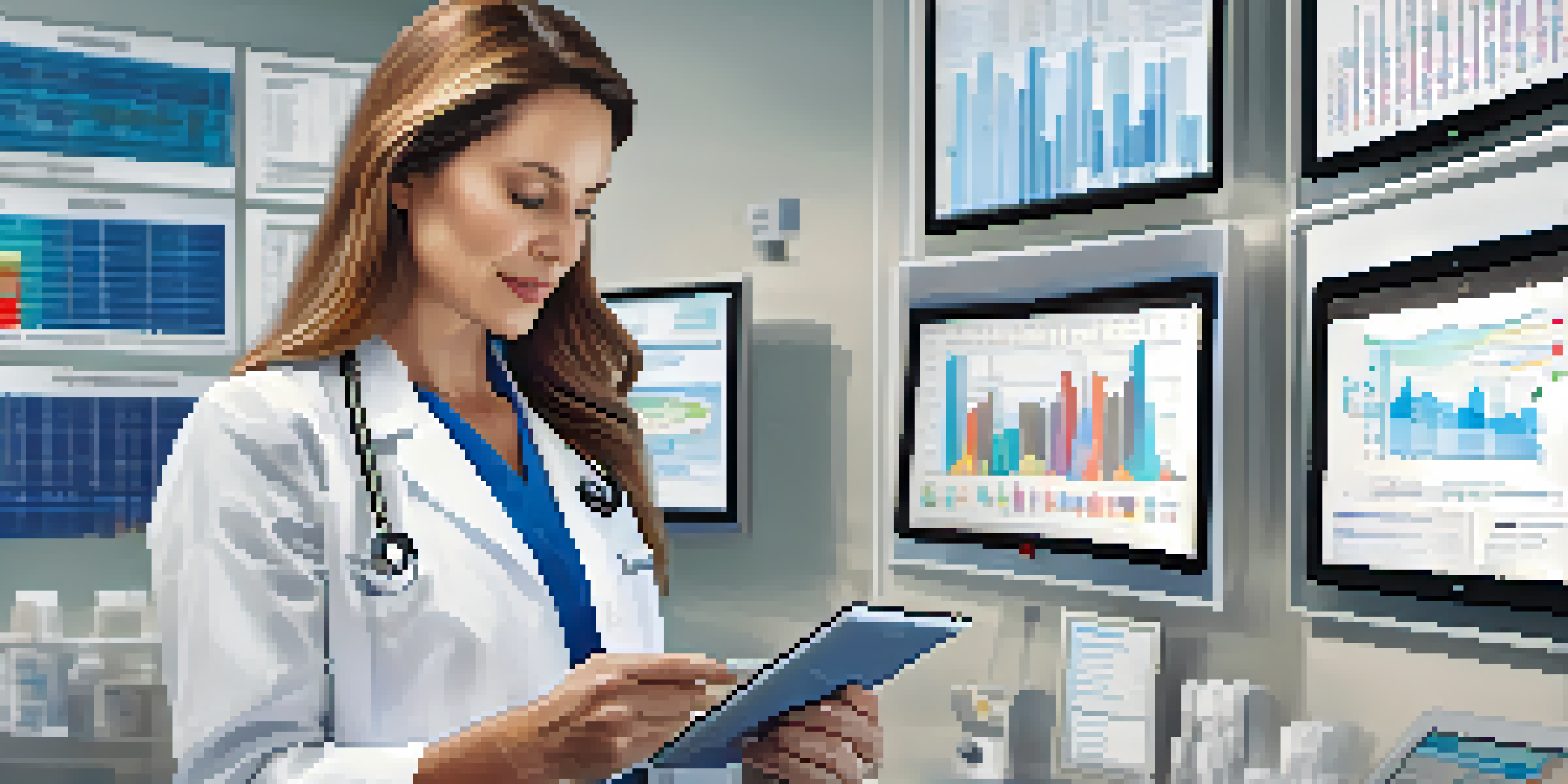A healthcare professional in a lab coat analyzing health data on a digital tablet in a bright clinic.