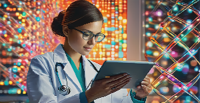 A healthcare professional looking at a digital tablet with colorful DNA helixes in the background, representing personalized medicine.