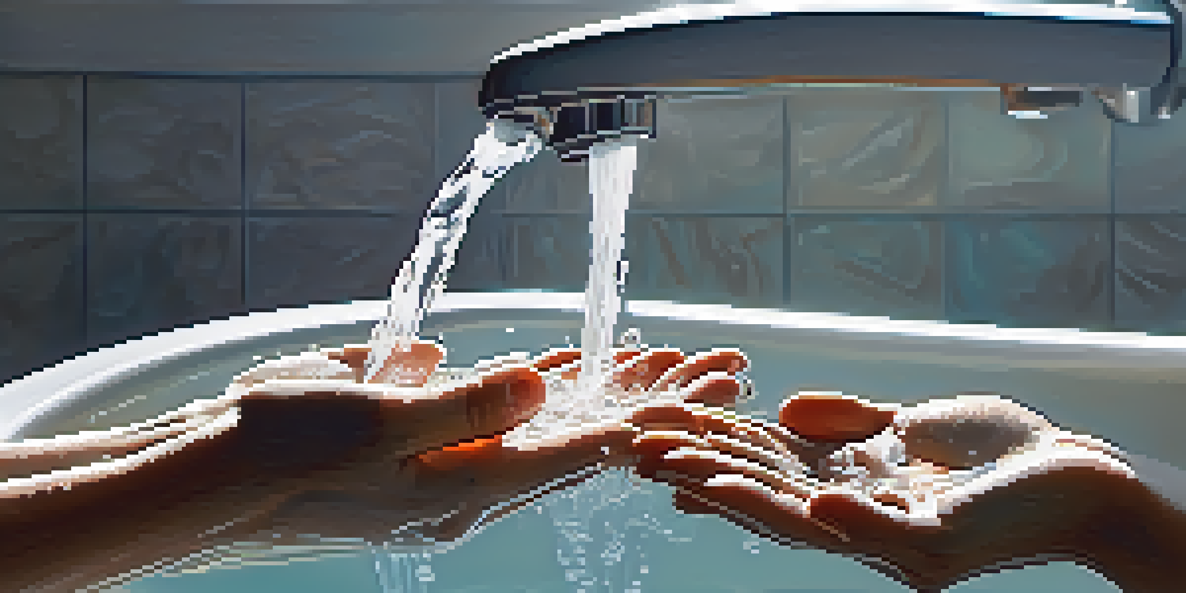 A close-up of hands washing with soap under running water in a bright bathroom, emphasizing cleanliness.