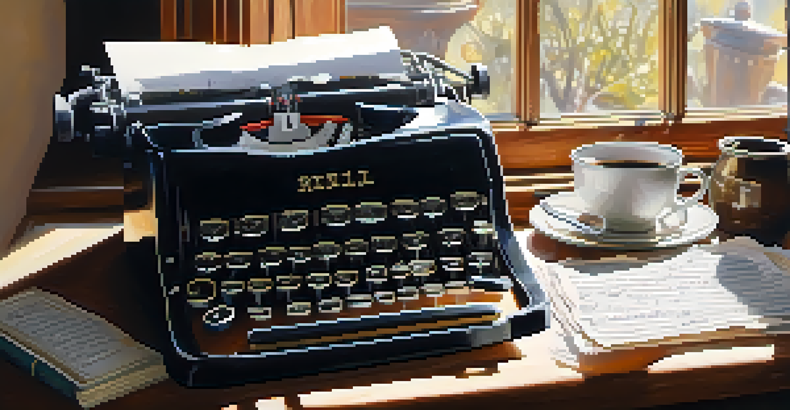 A vintage typewriter on a wooden desk with handwritten notes and a cup of coffee.
