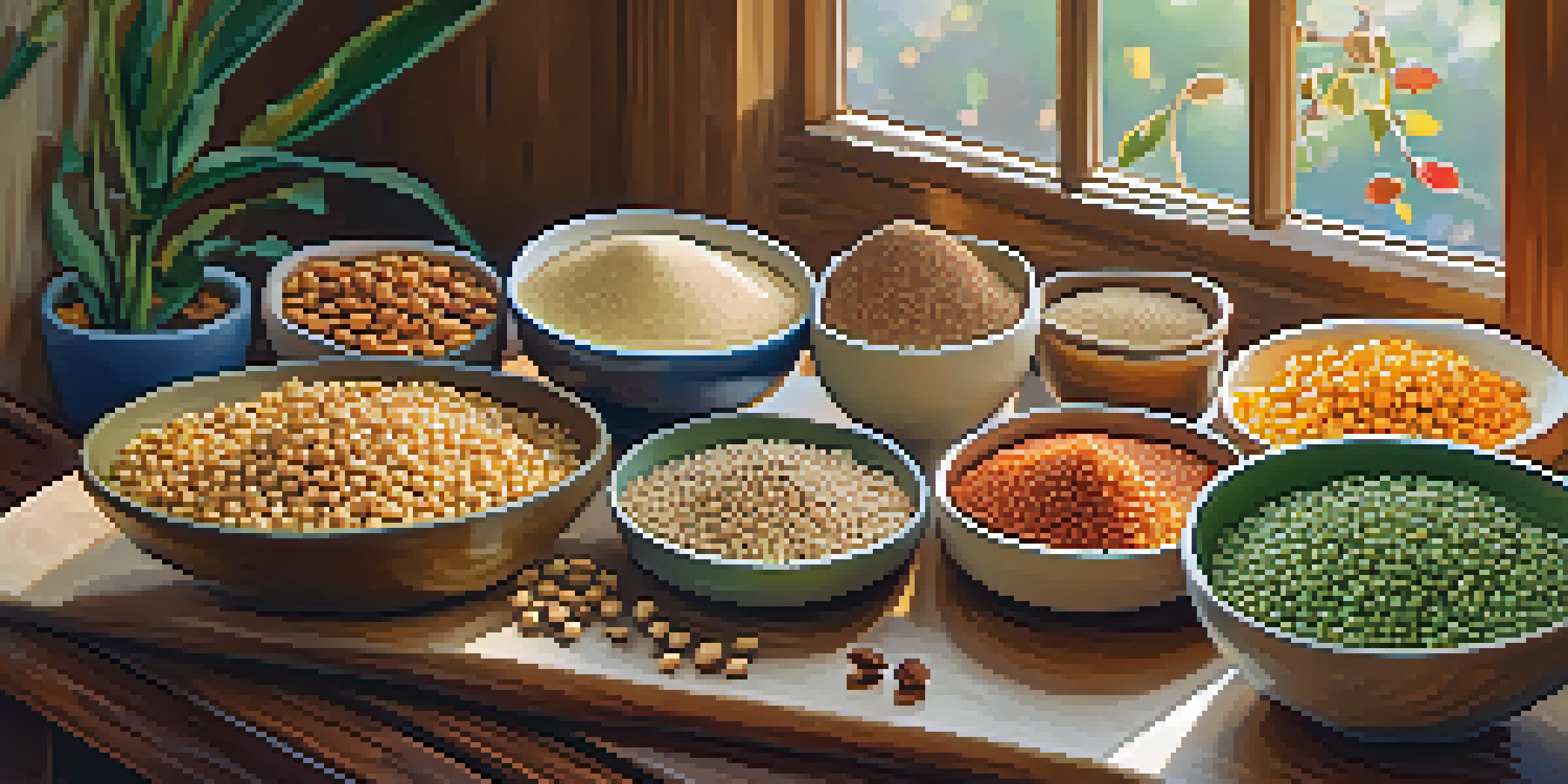 A variety of plant-based protein sources including lentils, chickpeas, tofu, quinoa, and nuts displayed on a wooden table with soft natural lighting.
