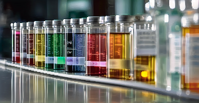 A close-up view of various vaccine vials in a clinical setting, with soft lighting and a blurred medical professional in the background.