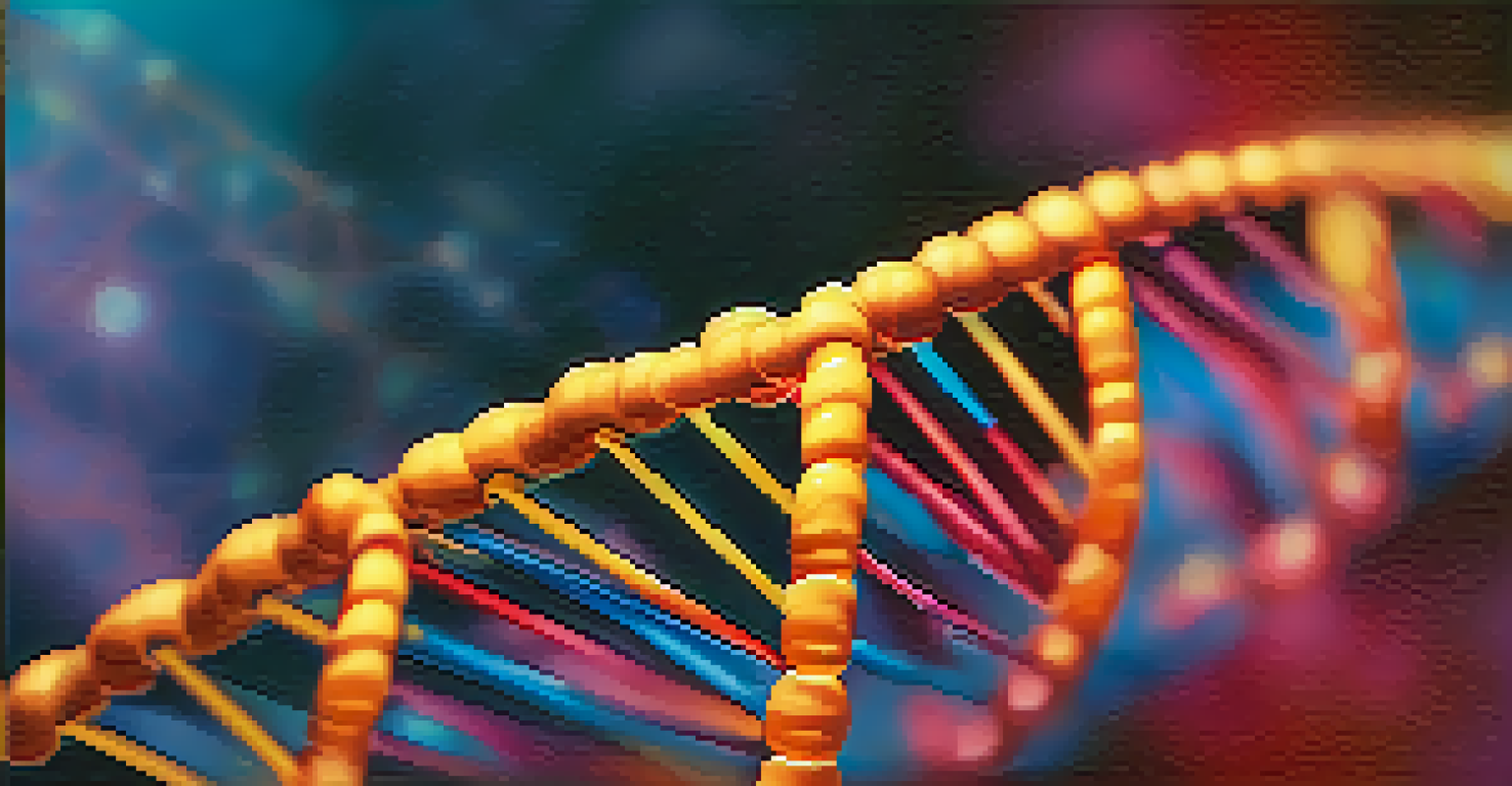 A close-up view of a colorful DNA double helix structure against a blurred background, showcasing its intricate details.