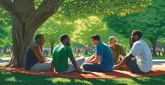 A diverse group of men sitting in a park, engaged in a supportive conversation under the trees.