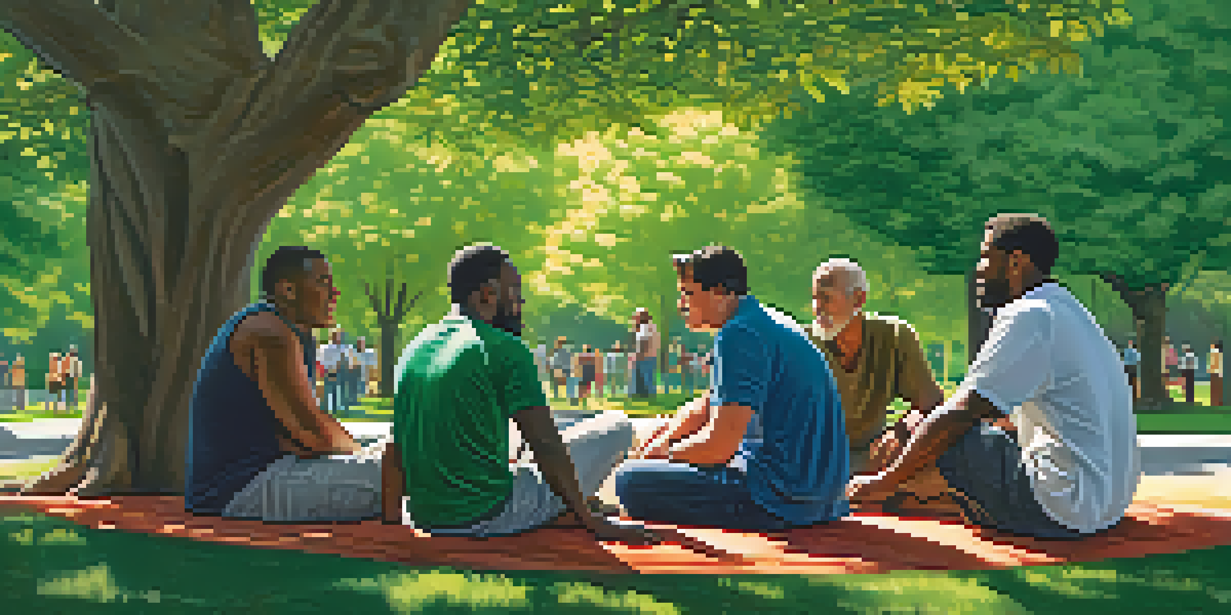 A diverse group of men sitting in a park, engaged in a supportive conversation under the trees.