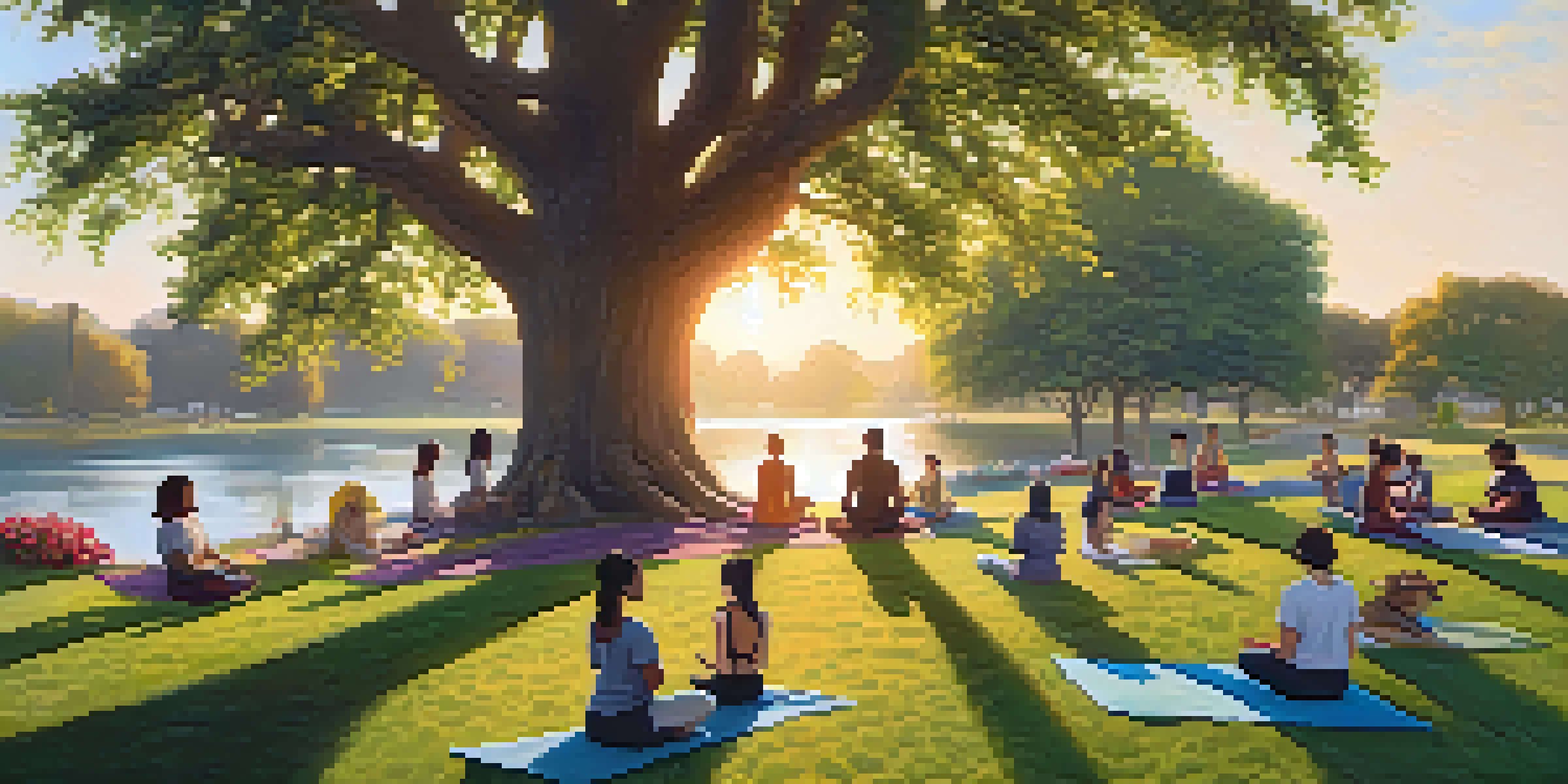 A peaceful park scene with people practicing yoga, walking dogs, and having a picnic under a tree during sunset.