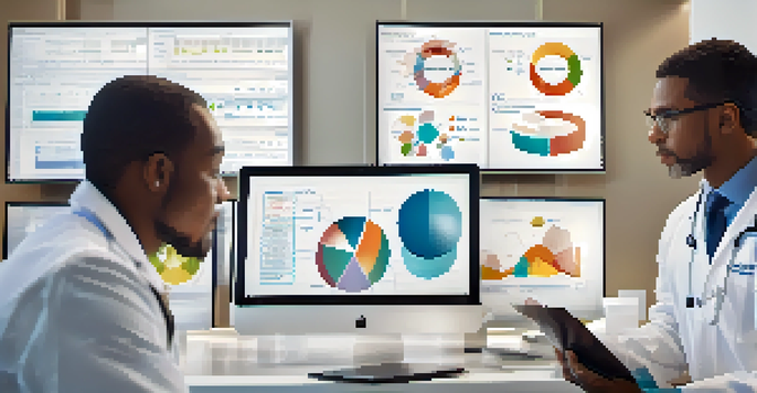 A diverse group of healthcare professionals analyzing a genetic testing report in a modern clinic, surrounded by technology and charts.