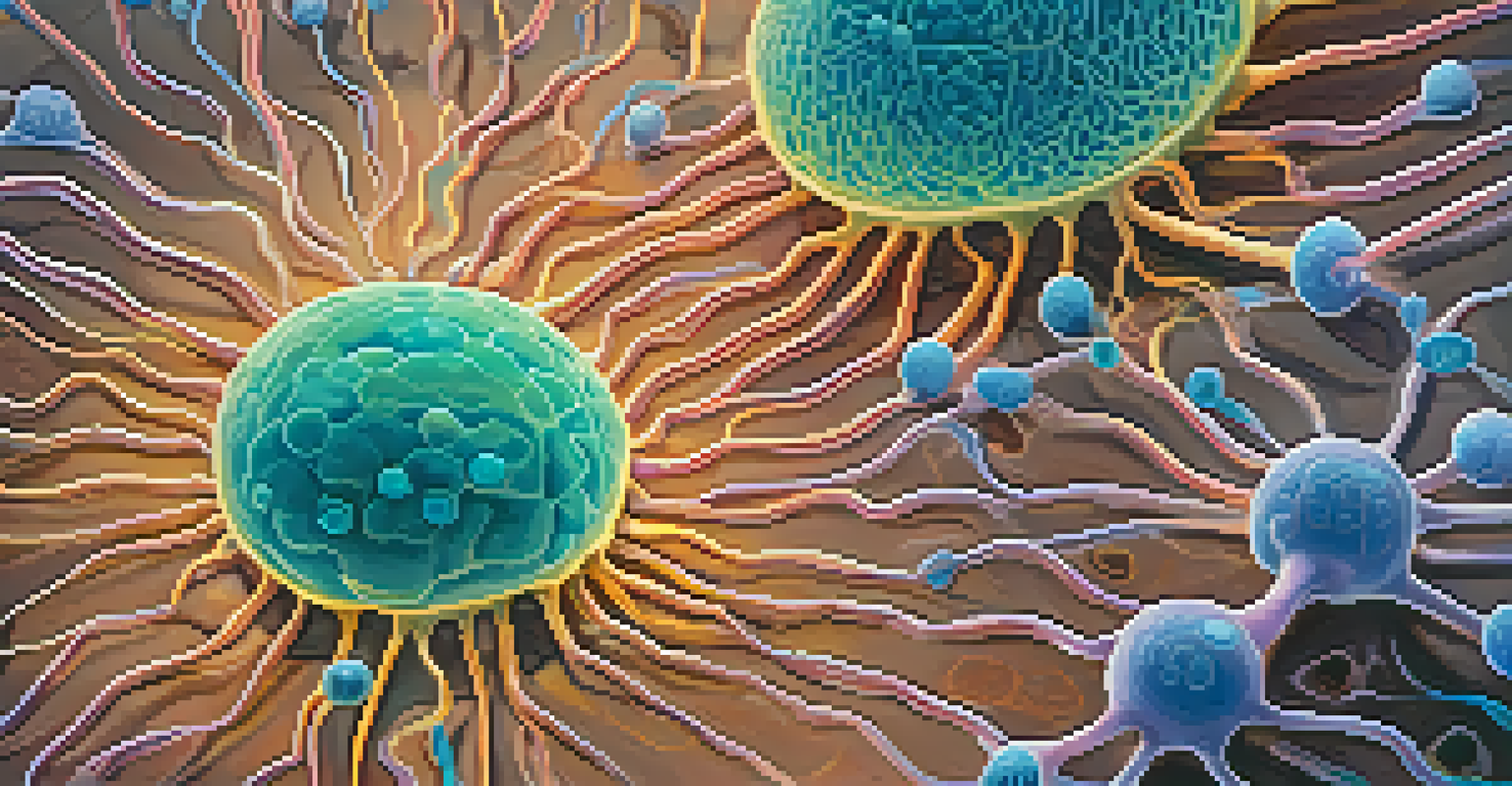 A detailed view of memory cells in the immune system glowing against a soft background of pathogens, illustrating the concept of immune memory.