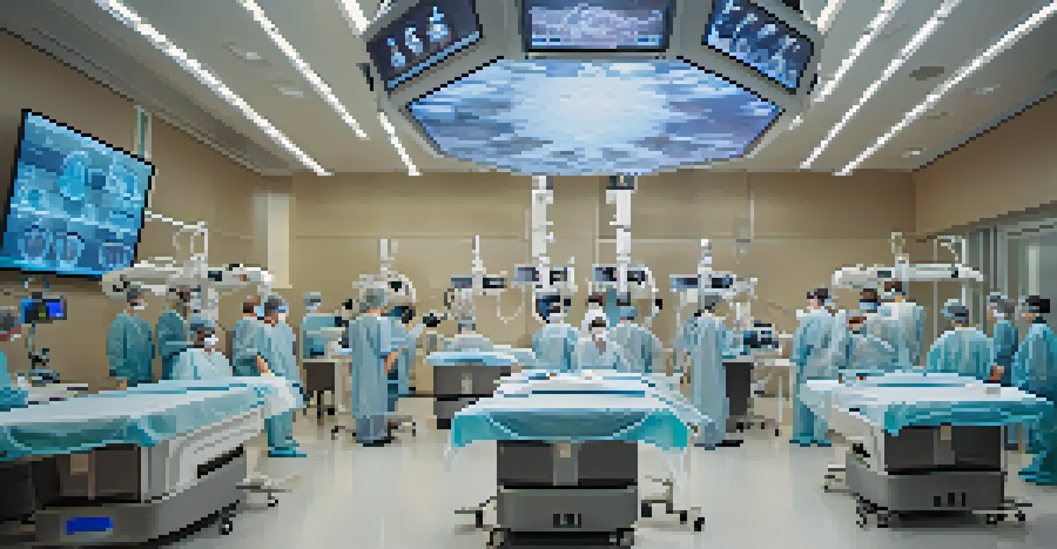 Medical students training on robotic surgery simulators in a modern classroom filled with advanced technology.