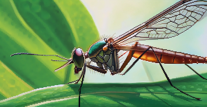 A detailed close-up of a female Anopheles mosquito on a green leaf in a tropical setting.
