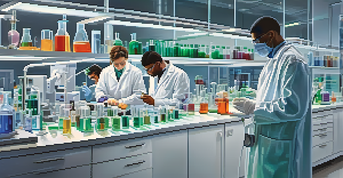 A laboratory with diverse scientists working on stem cell research, featuring microscopes and colorful reagents.