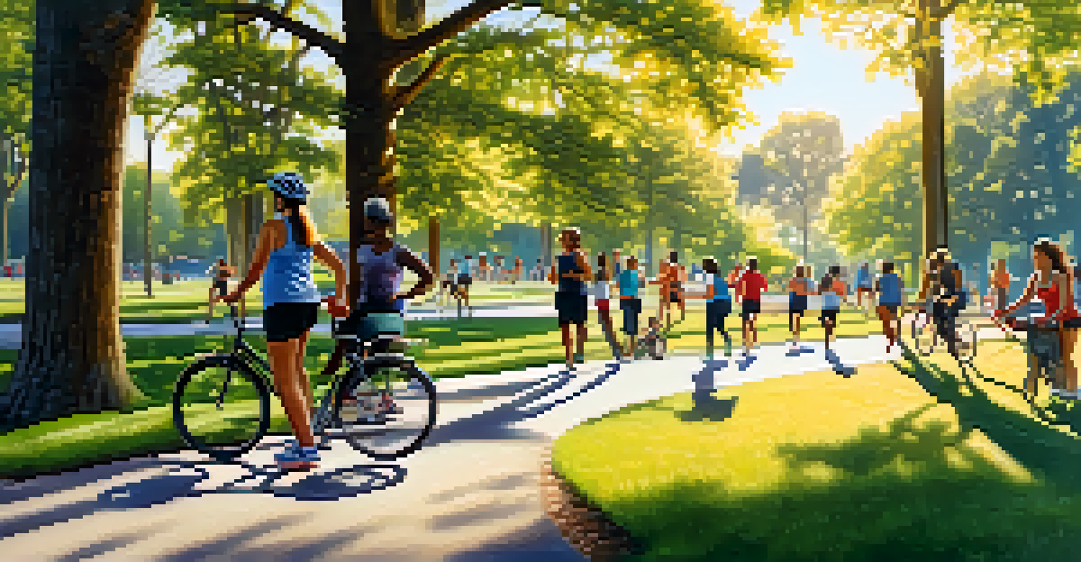 A diverse group of people exercising outdoors, including jogging, cycling, and practicing yoga in a sunlit park, promoting a healthy lifestyle.