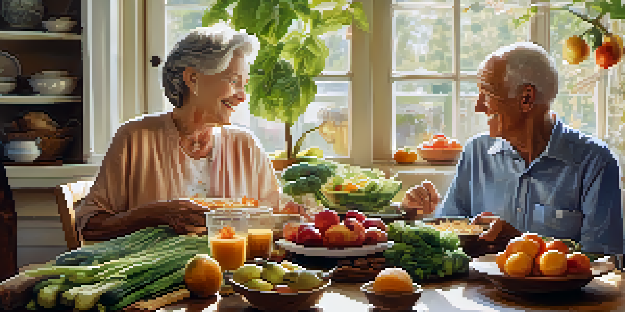 An elderly couple sharing a healthy meal at a dining table with fruits and vegetables, illuminated by soft natural light.