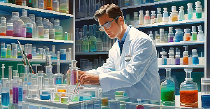 A scientist in a lab coat working with colorful vials and syringes in a laboratory setting, with shelves of scientific equipment in the background.