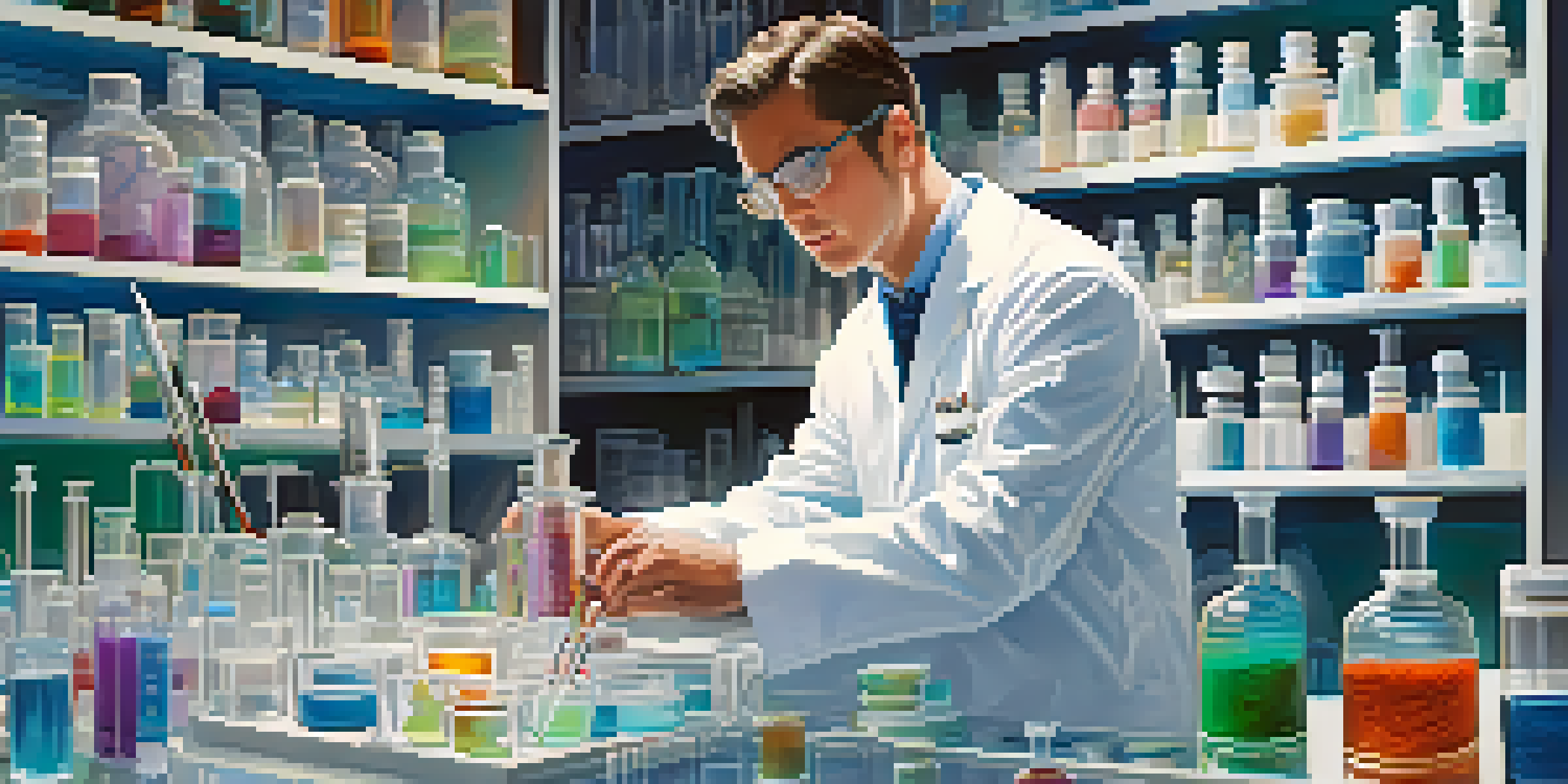 A scientist in a lab coat working with colorful vials and syringes in a laboratory setting, with shelves of scientific equipment in the background.
