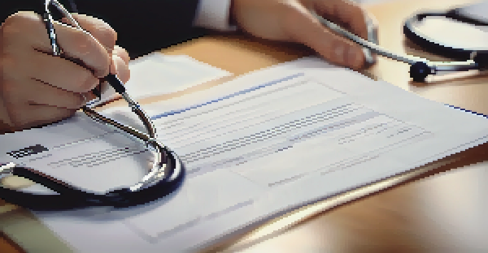Hands of a healthcare professional filling out a conflict of interest form, with medical items in the background.