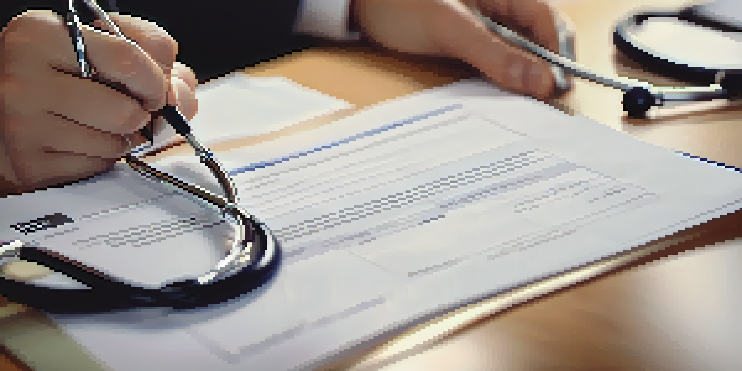 Hands of a healthcare professional filling out a conflict of interest form, with medical items in the background.
